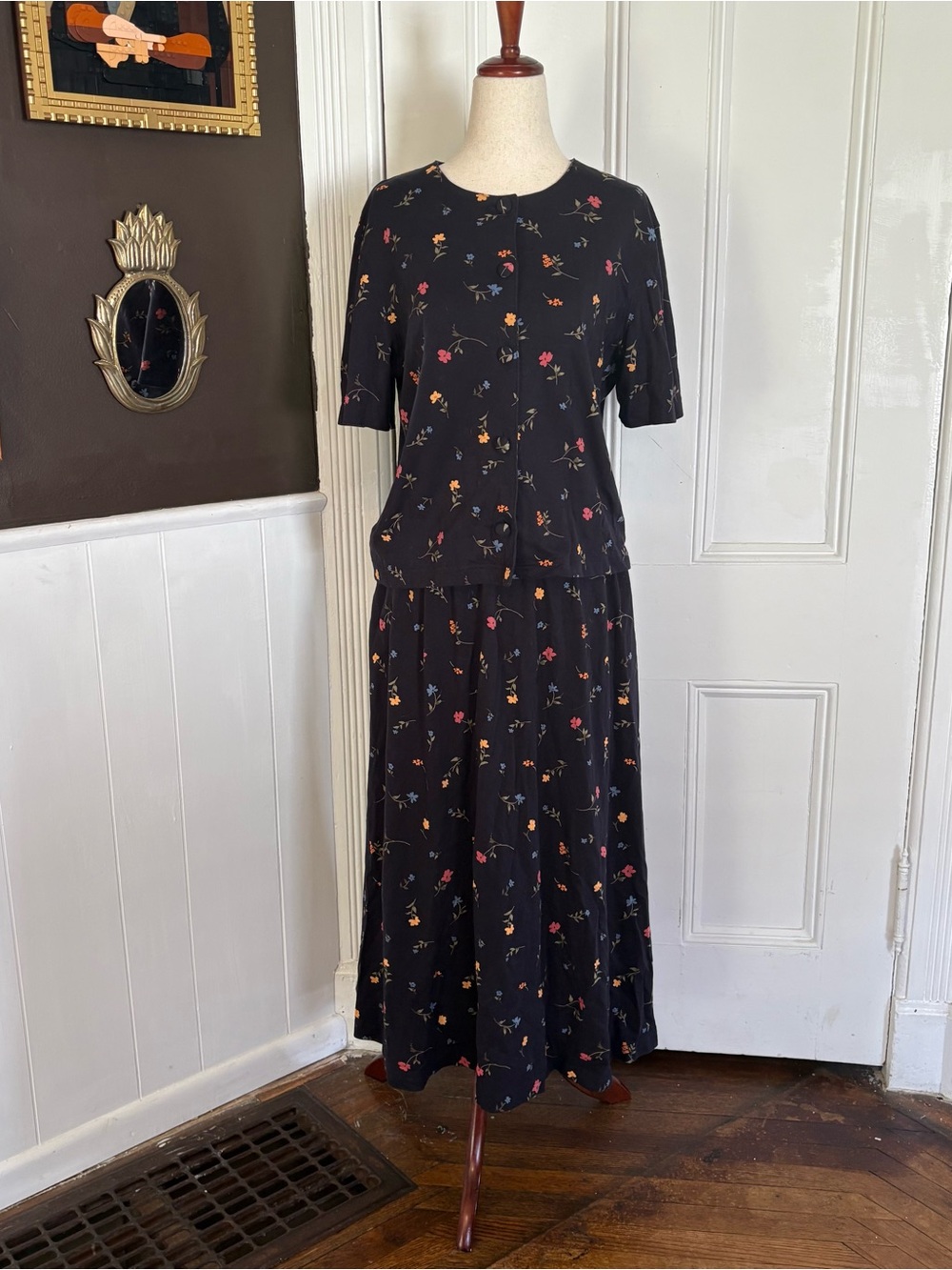 Vintage Talbots Floral Rayon Skirt Set Medium Black Button Front Top Midi Skirt